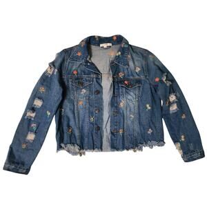Distressed Denim Floral Embroidered Jacket Size Large
